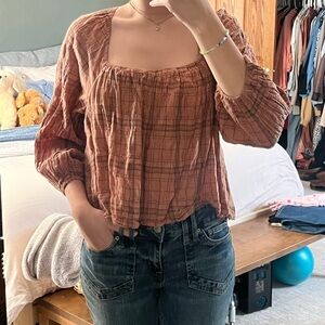 Rust Plaid Square Neck Blouse